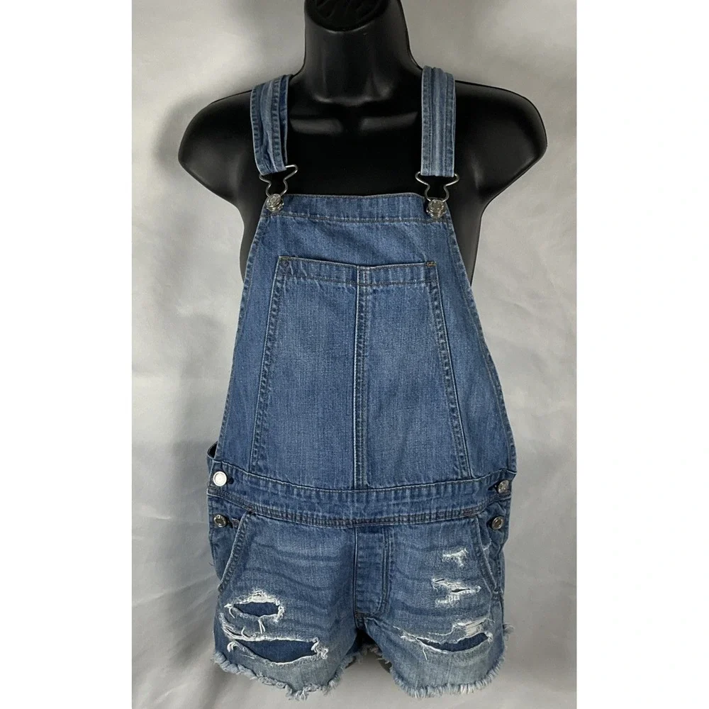 American Eagle Women's Size XS Denim Short Alls Overalls Distressed Raw Hem